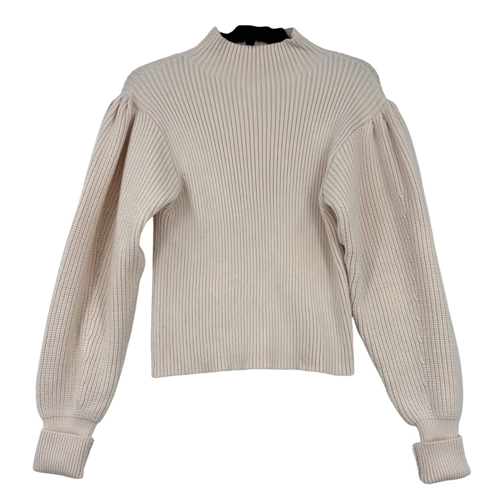 Zara Sweater Size L Cream Puff Sleeve Ribbed Mock Neck Knit Top